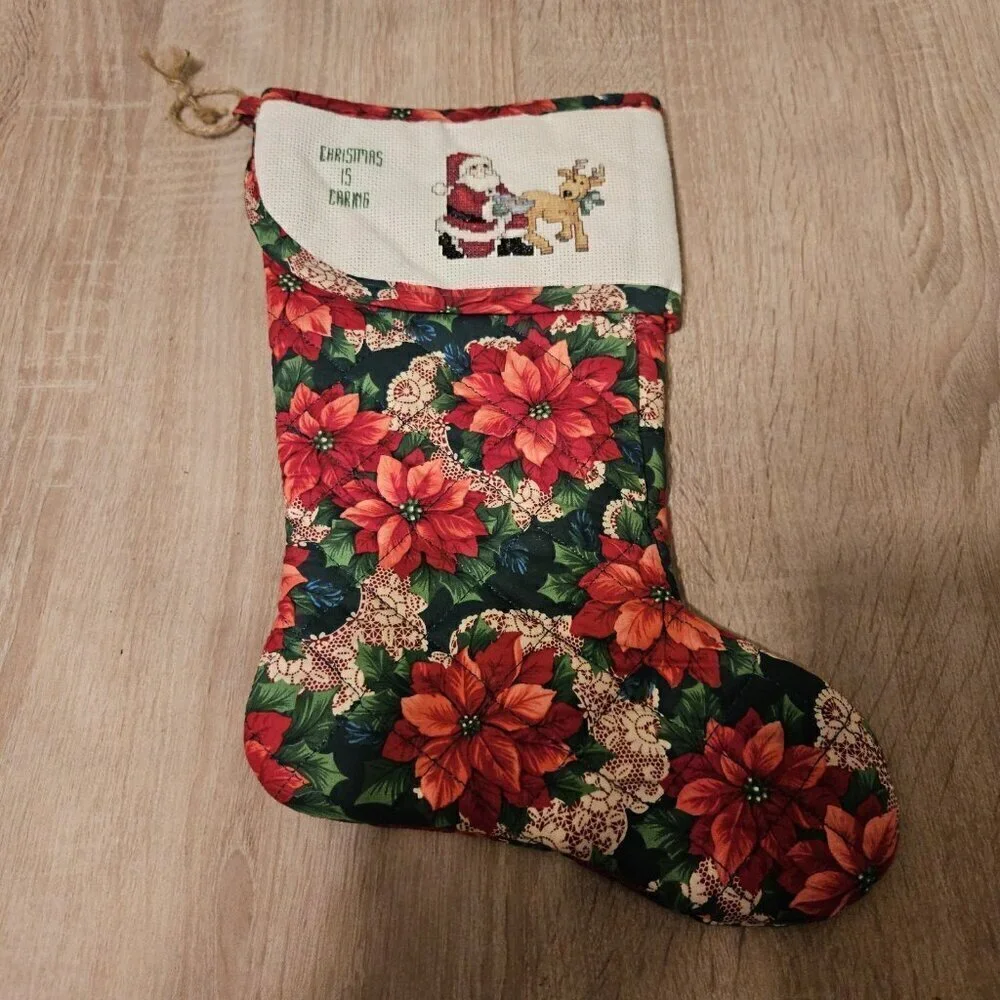 Handmade Christmas Stocking Embroidered Christmas Is Caring Pontsettias Santa